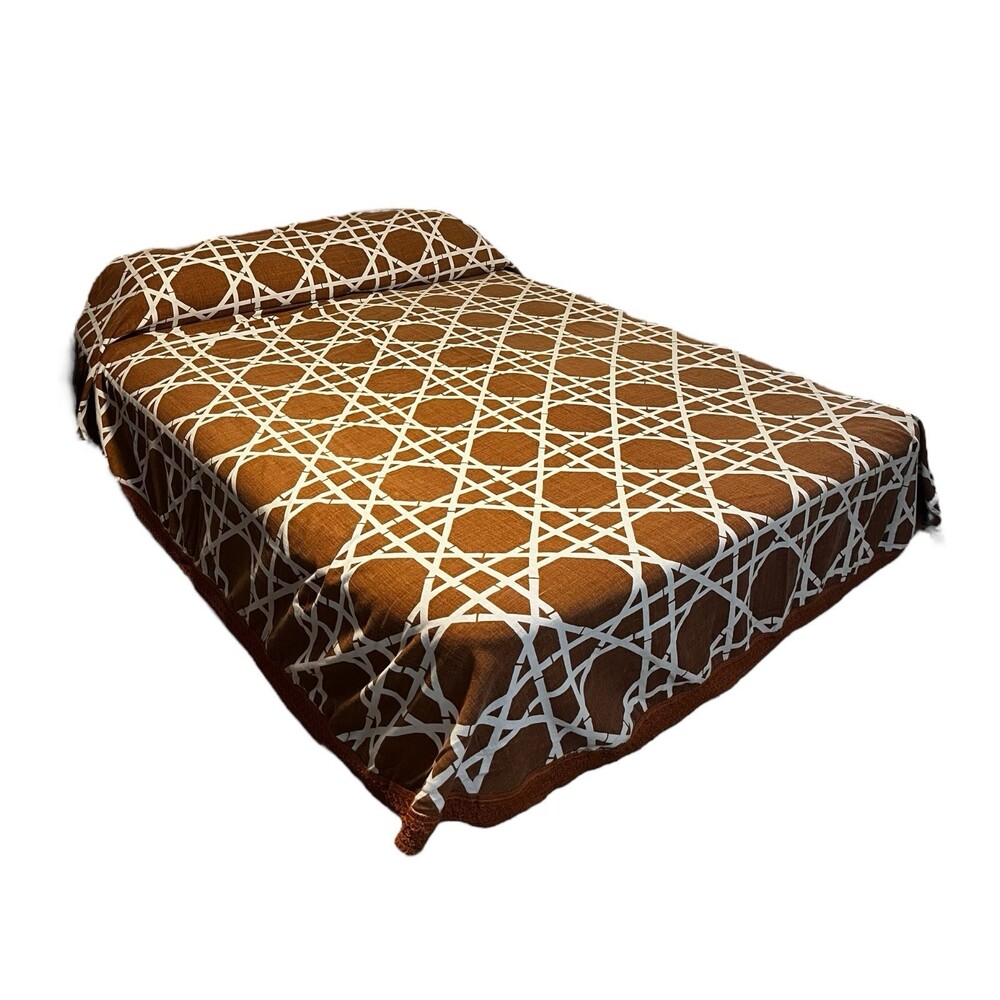 VTG 70s Bates Cotton Bedspread Brown White Boho Lattice Crochet Trim Queen